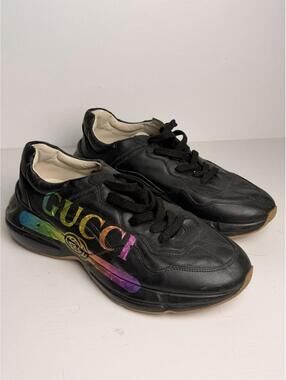 Gucci Rhyton Rainbow Logo Leather Sneakers Black SZ 10 Good